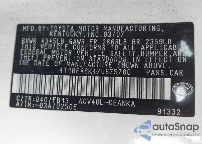 4T1BE46K47U675780: 43411579