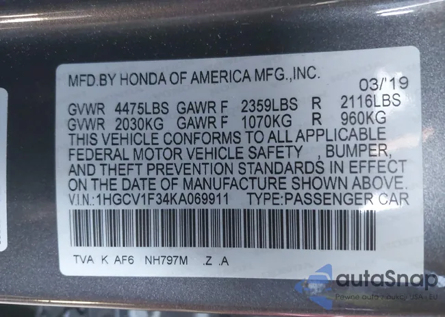 1HGCV1F34KA069911: 43412620