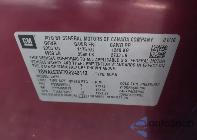 2GNALCEK7G6243112: 43412817