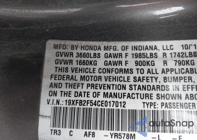 19XFB2F54CE017012: 43412211