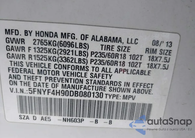 5FNYF4H90DB080130: 43412337