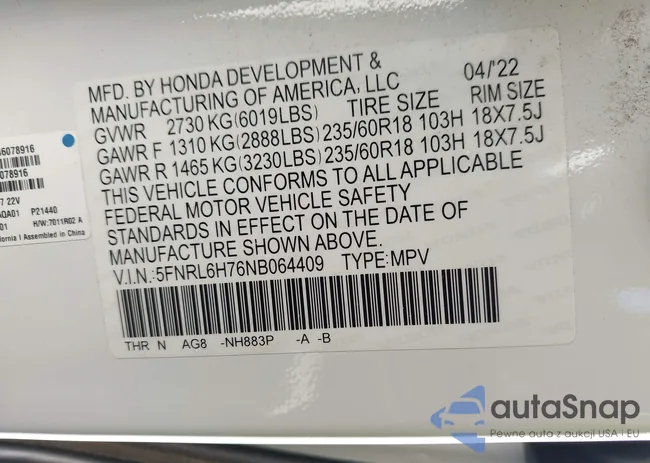 5FNRL6H76NB064409: 43412445