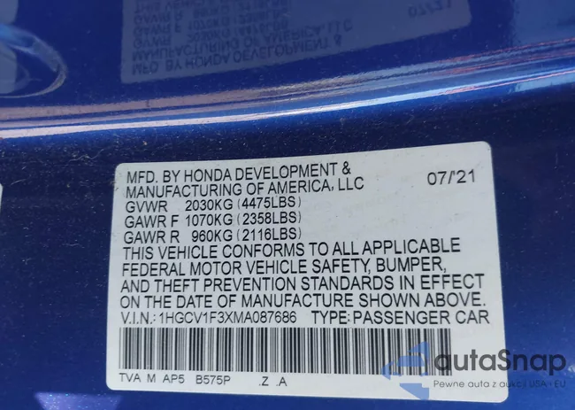 1HGCV1F3XMA087686: 43413794