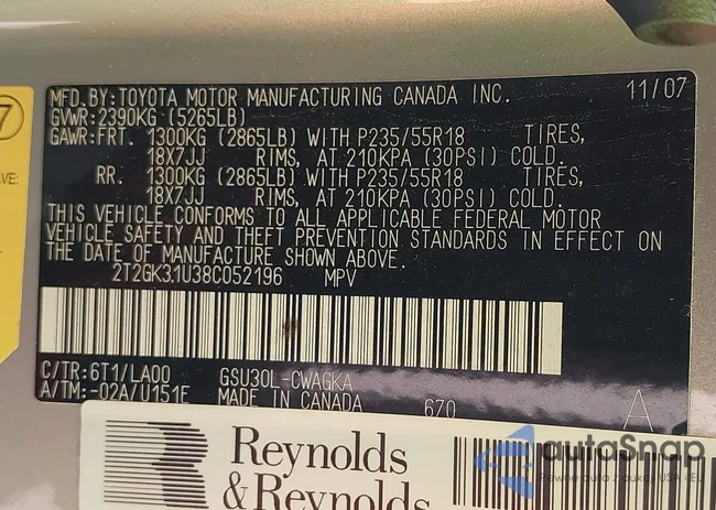 2T2GK31U38C052196: 43414816