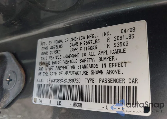 1HGCP36848A060720: 43415102