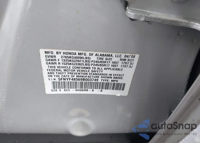 5FNYF48569B003749: 43415168