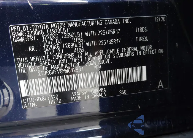 2T3R6RFV8MW012931: 43415950