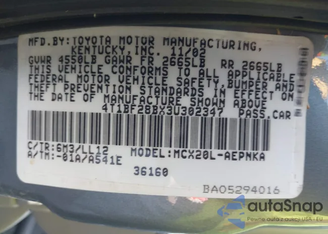 4T1BF28BX3U302347: 43416086