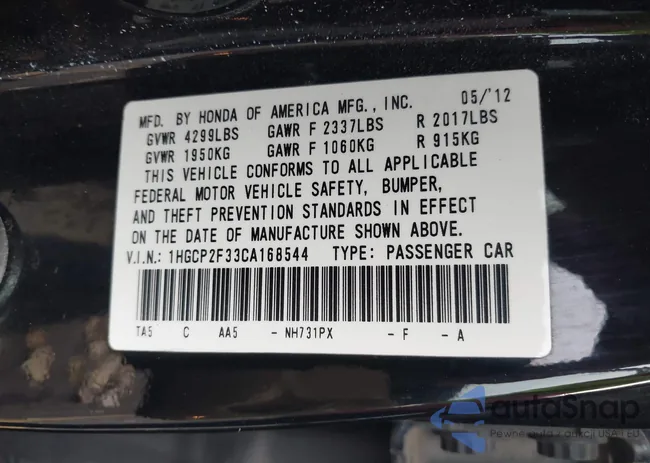 1HGCP2F33CA168544: 43415280