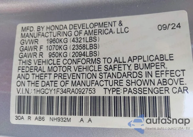 1HGCY1F34RA092753: 43415438