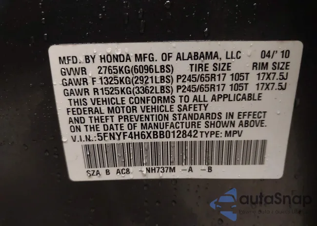 5FNYF4H6XBB012842: 43416499