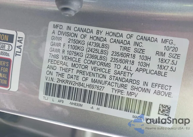 2HKRW2H84LH697627: 43418112