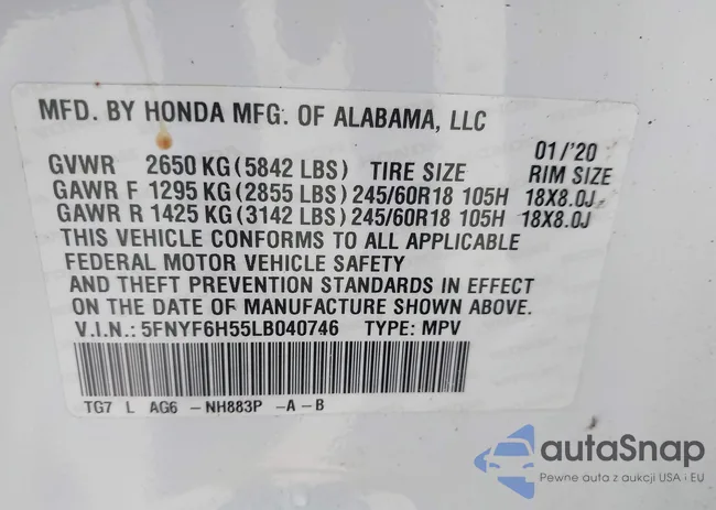 5FNYF6H55LB040746: 43418126