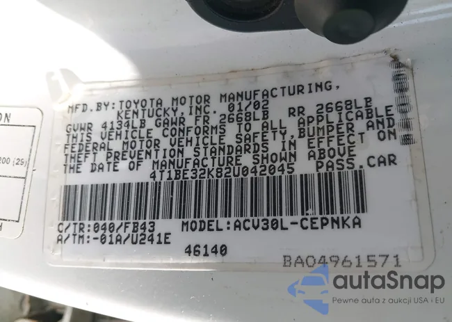 4T1BE32K82U042045: 43417344