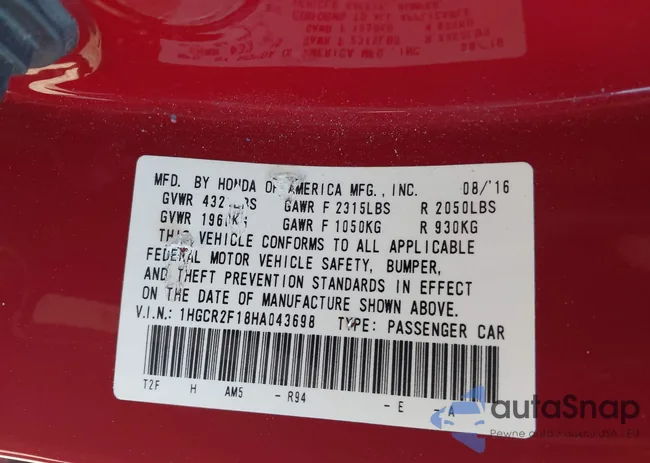 1HGCR2F18HA043698: 43418212