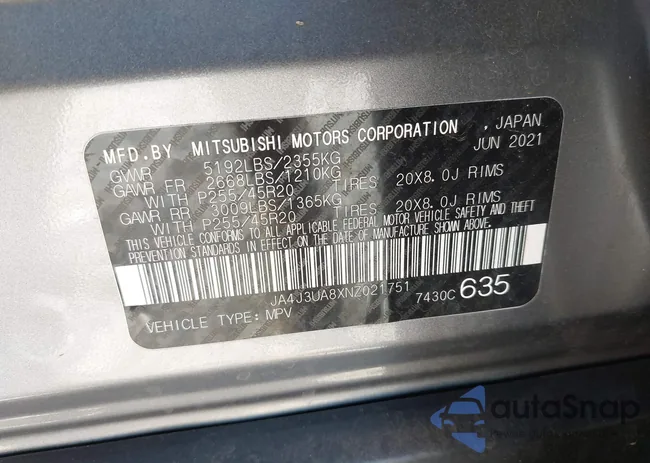 JA4J3UA8XNZ021751: 43418445