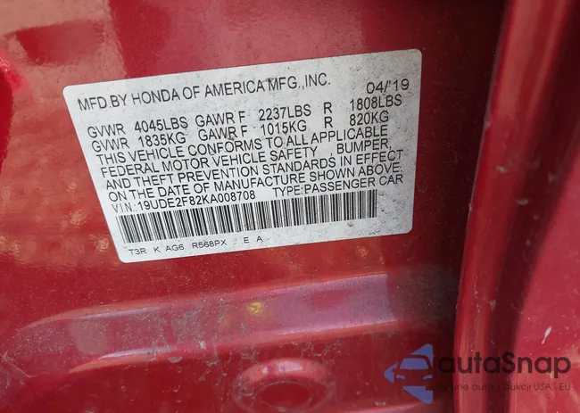 19UDE2F82KA008708: 43418502