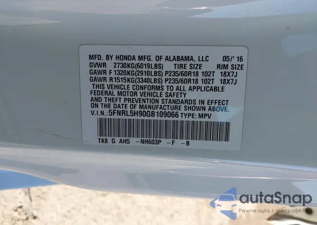 5FNRL5H90GB109066: 43420907