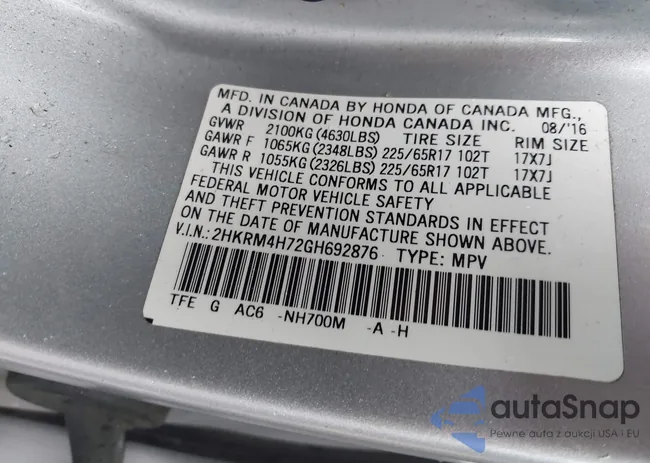 2HKRM4H72GH692876: 43421105