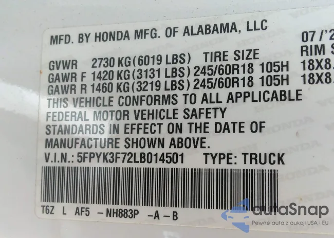 5FPYK3F72LB014501: 43420565