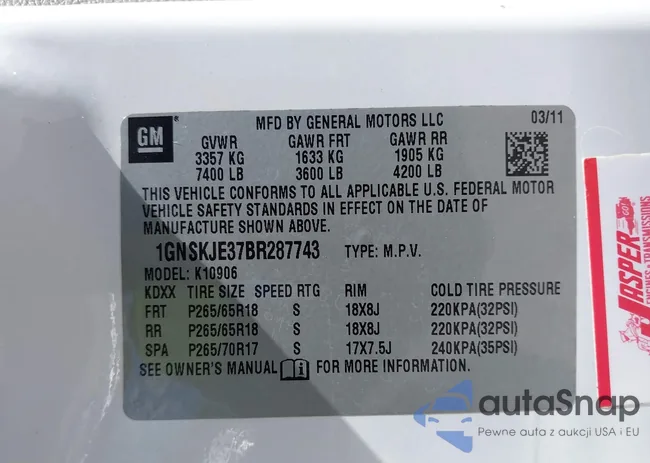 1GNSKJE37BR287743: 43421710