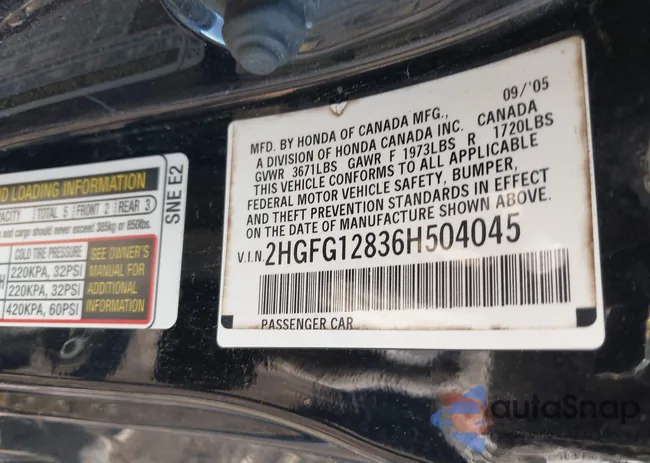 2HGFG12836H504045: 43421999