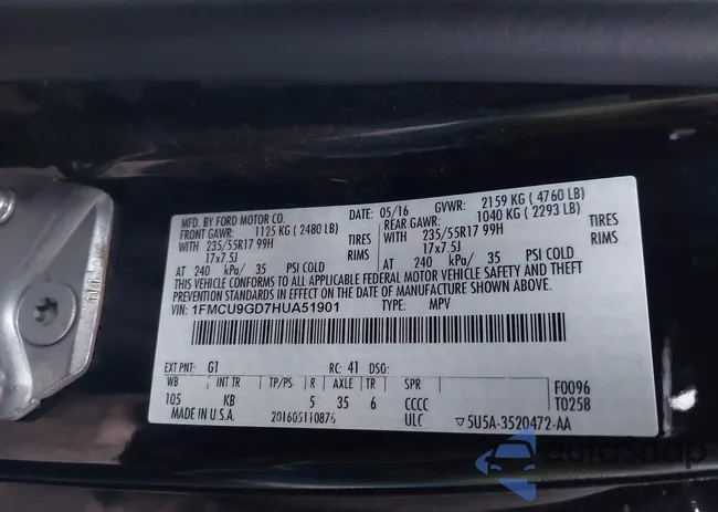 1FMCU9GD7HUA51901: 43422160