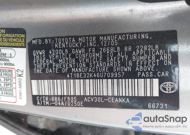 4T1BE32K46U709957: 43422697