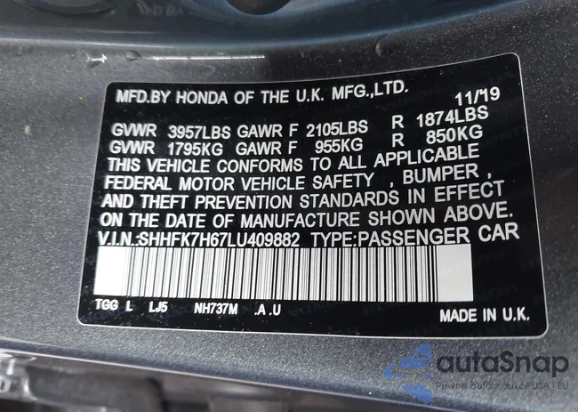 SHHFK7H67LU409882: 43423673