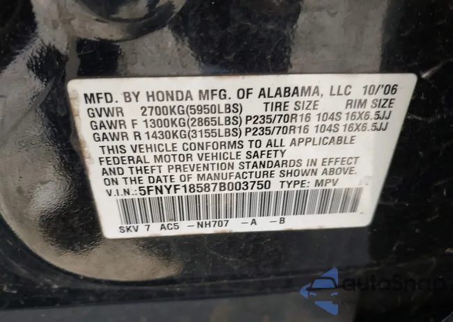 5FNYF18587B003750: 43423482