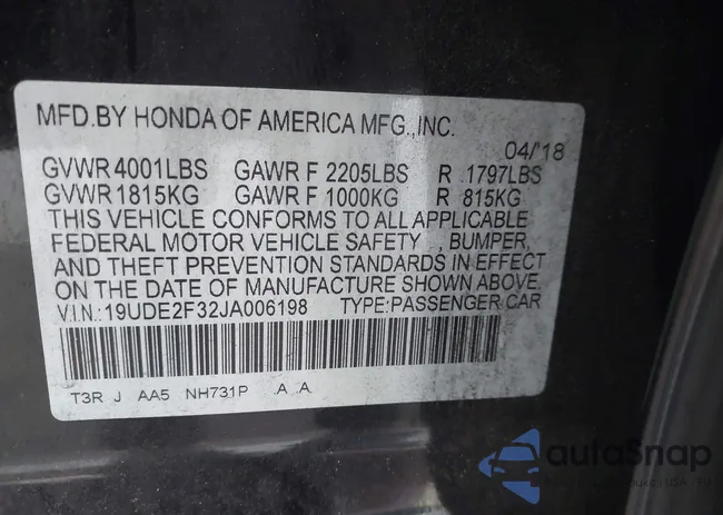 19UDE2F32JA006198: 43424758