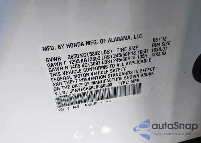 5FNYF6H66JB060803: 43424759