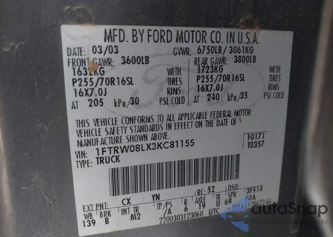 1FTRW08LX3KC81155: 43426656