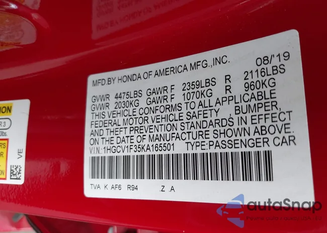 1HGCV1F35KA165501: 43426879