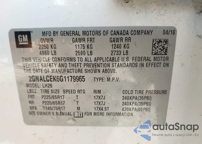 2GNALCEK6G1179965: 43426425