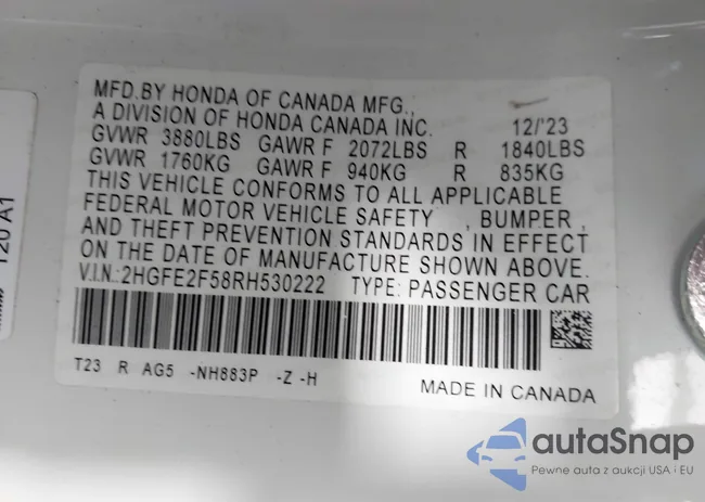 2HGFE2F58RH530222: 43427615