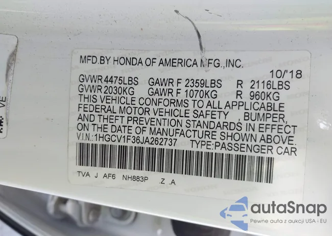 1HGCV1F36JA262737: 43427545