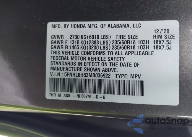 5FNRL6H53MB036922: 43428915