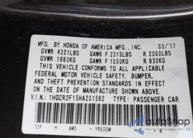 1HGCR2F15HA201592: 43428338