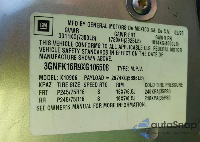 3GNFK16R9XG106508: 43430683