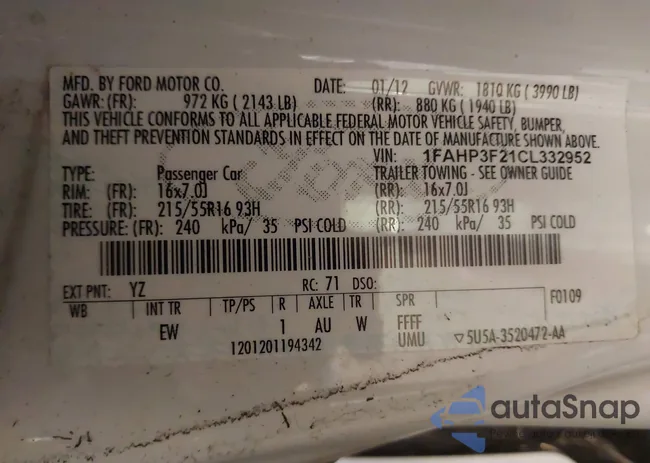 1FAHP3F21CL332952: 43431060