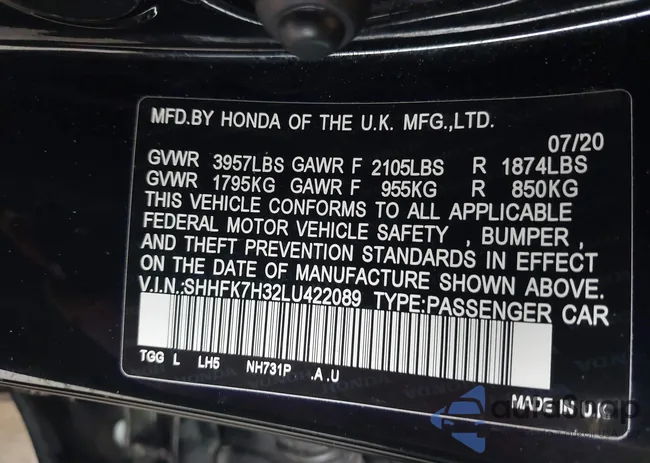 SHHFK7H32LU422089: 43430158