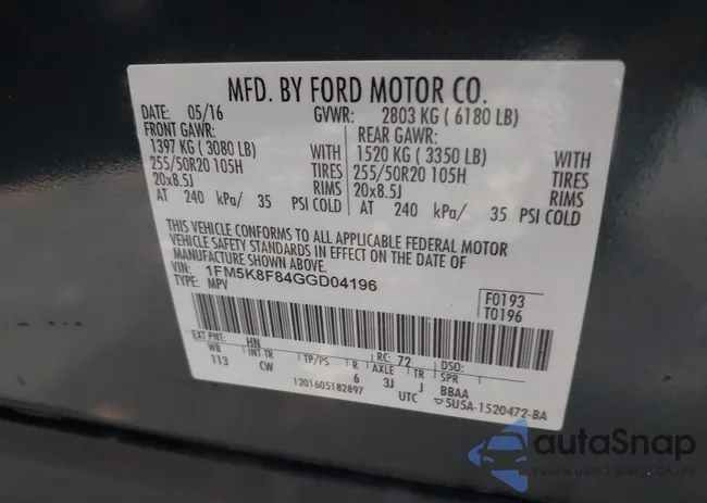 1FM5K8F84GGD04196: 43431740