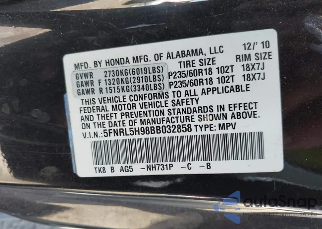 5FNRL5H98BB032858: 43432733