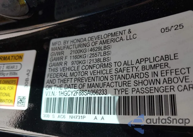 1HGCY2F88SA056233: 43432835