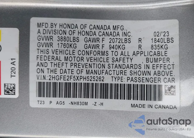 2HGFE2F5XPH525262: 43433022