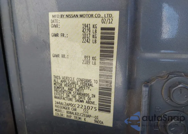 1N4AL2AP0CC221075: 43432467