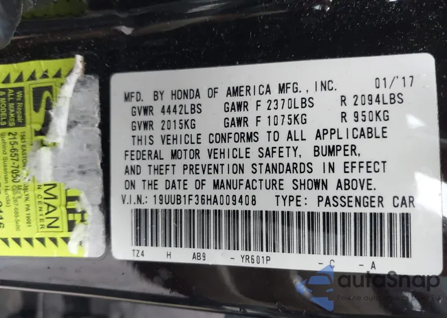 19UUB1F36HA009408: 43434659