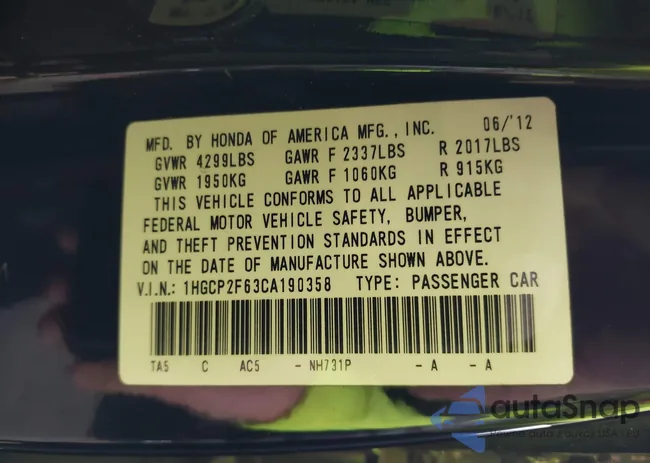 1HGCP2F63CA190358: 43434960