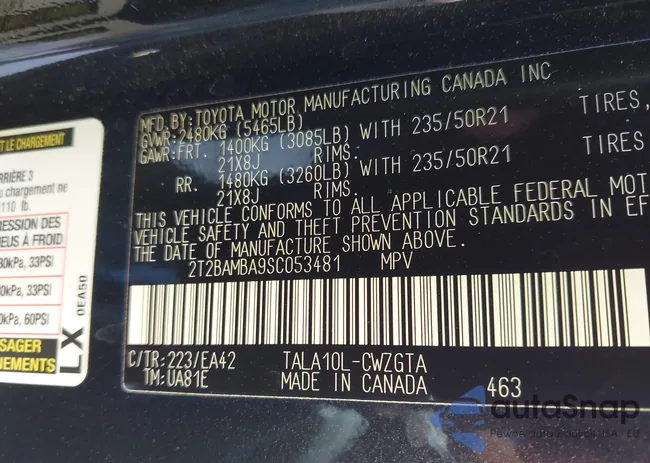 2T2BAMBA9SC053481: 43434337